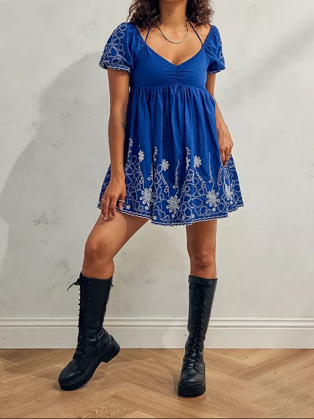 NWT  Urban Outfitters UO Shiloh Embroidered Babydoll Mini Dress in navy blue.